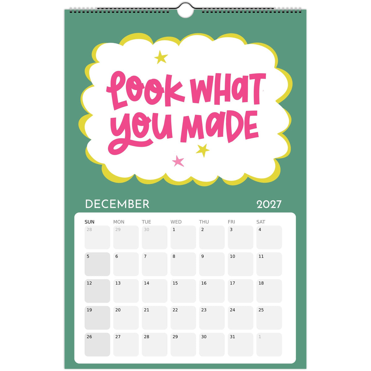 December page of the Art or Nothing 2027 wall calendar for artists with colorful hand-lettered artwork