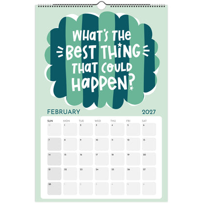 February page of the Art or Nothing 2027 wall calendar for artists with colorful hand-lettered artwork