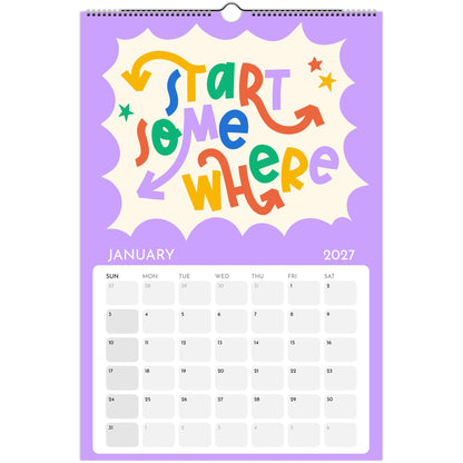 January page of the Art or Nothing 2027 wall calendar for artists with colorful hand-lettered artwork