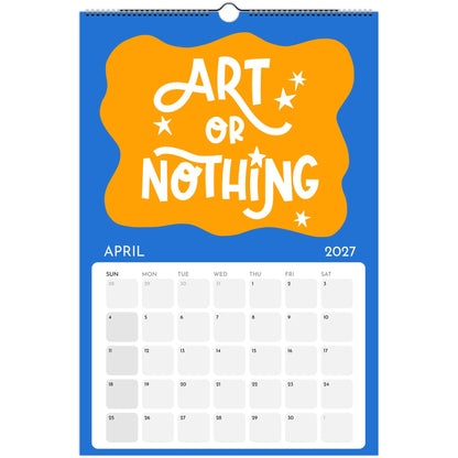 June page of the Art or Nothing 2027 wall calendar for artists with colorful hand-lettered artwork