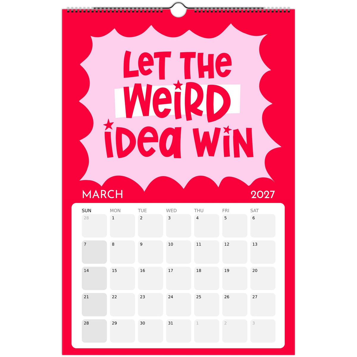 March page of the Art or Nothing 2027 wall calendar for artists with colorful hand-lettered artwork