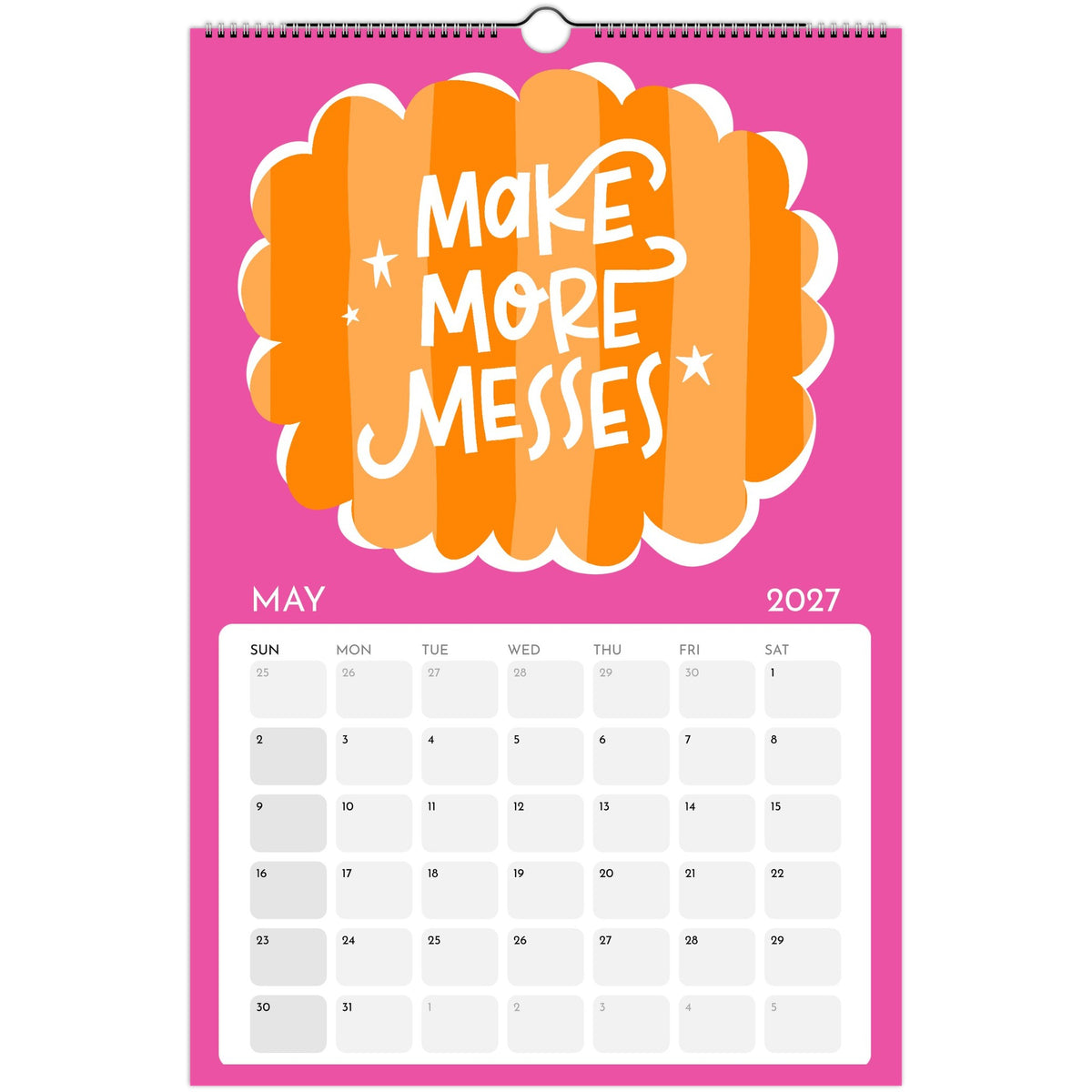 May page of the Art or Nothing 2027 wall calendar for artists with colorful hand-lettered artwork