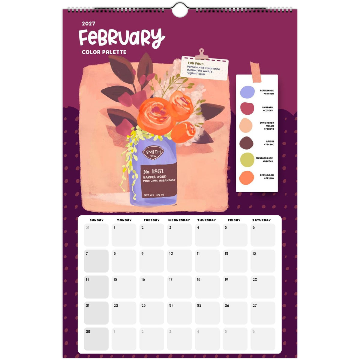 February page of the Color Palette 2027 wall calendar for artists with a curated color palette and original illustration