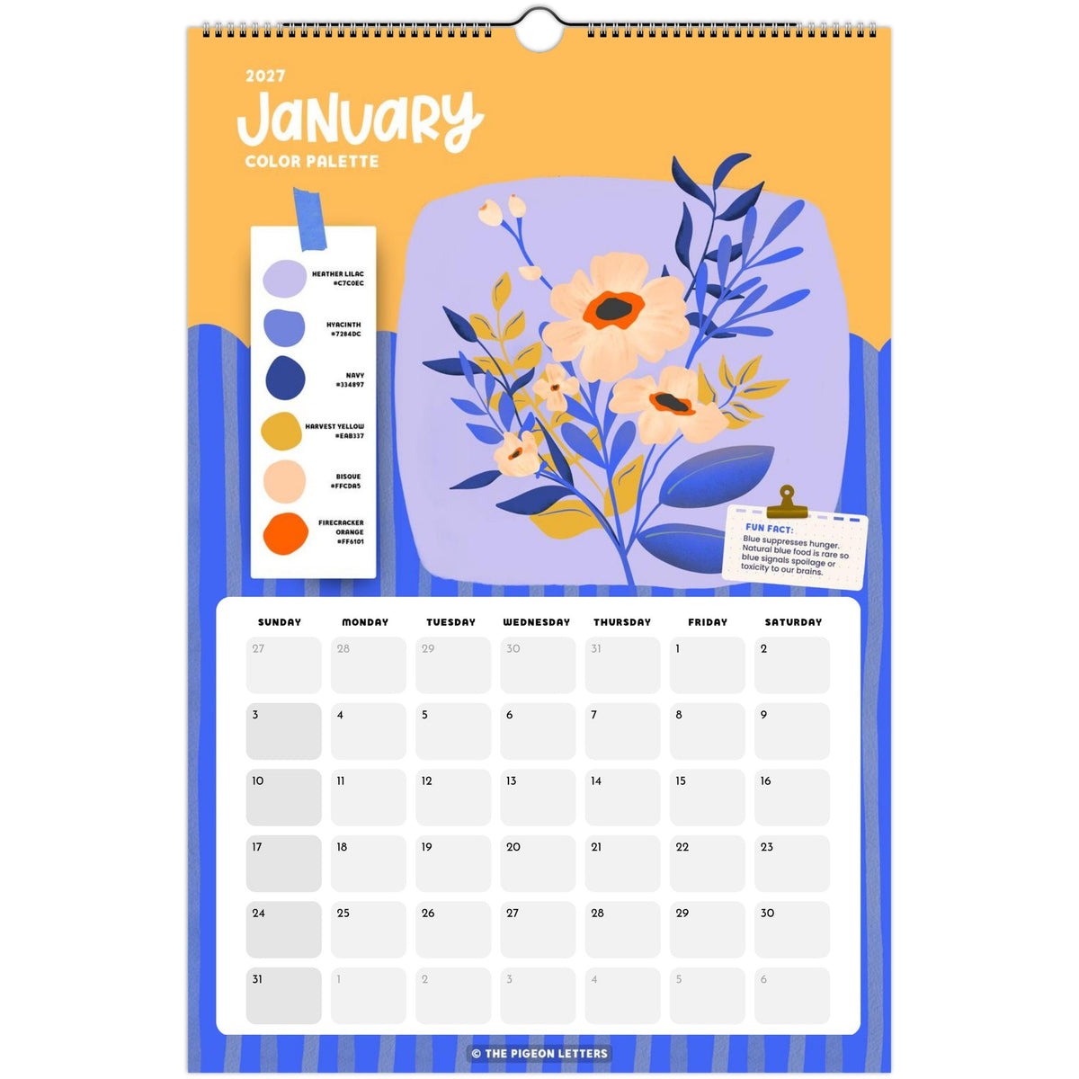 January page of the Color Palette 2027 wall calendar for artists with a curated color palette and original illustration