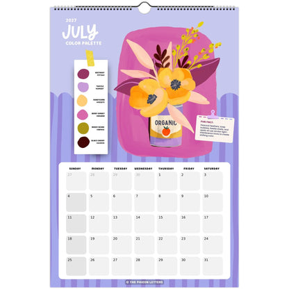 July page of the Color Palette 2027 wall calendar for artists with a curated color palette and original illustration