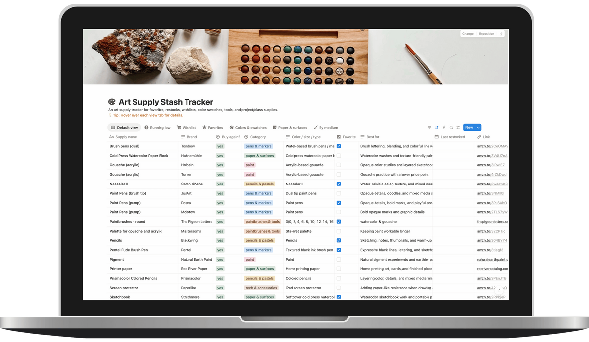 art supply tracker notion template